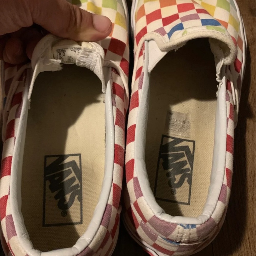 Rainbow checkered slip on vans